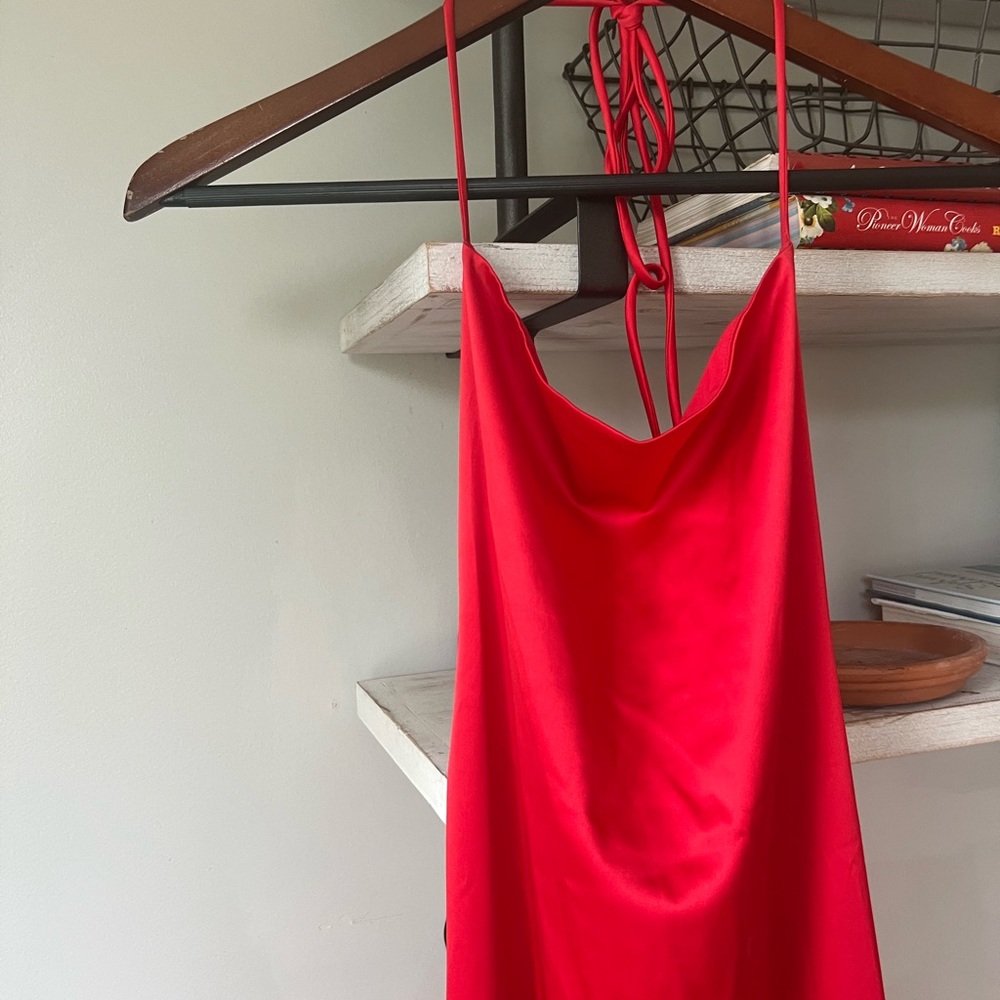 red silk dress